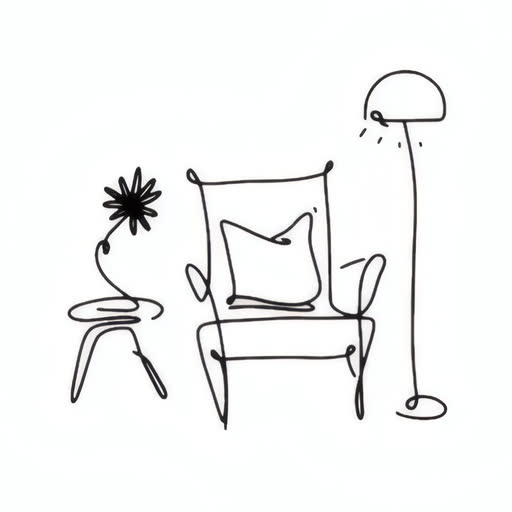 Illustration au trait d'un fauteuil, d'une lampe et d'un guéridon fleuri